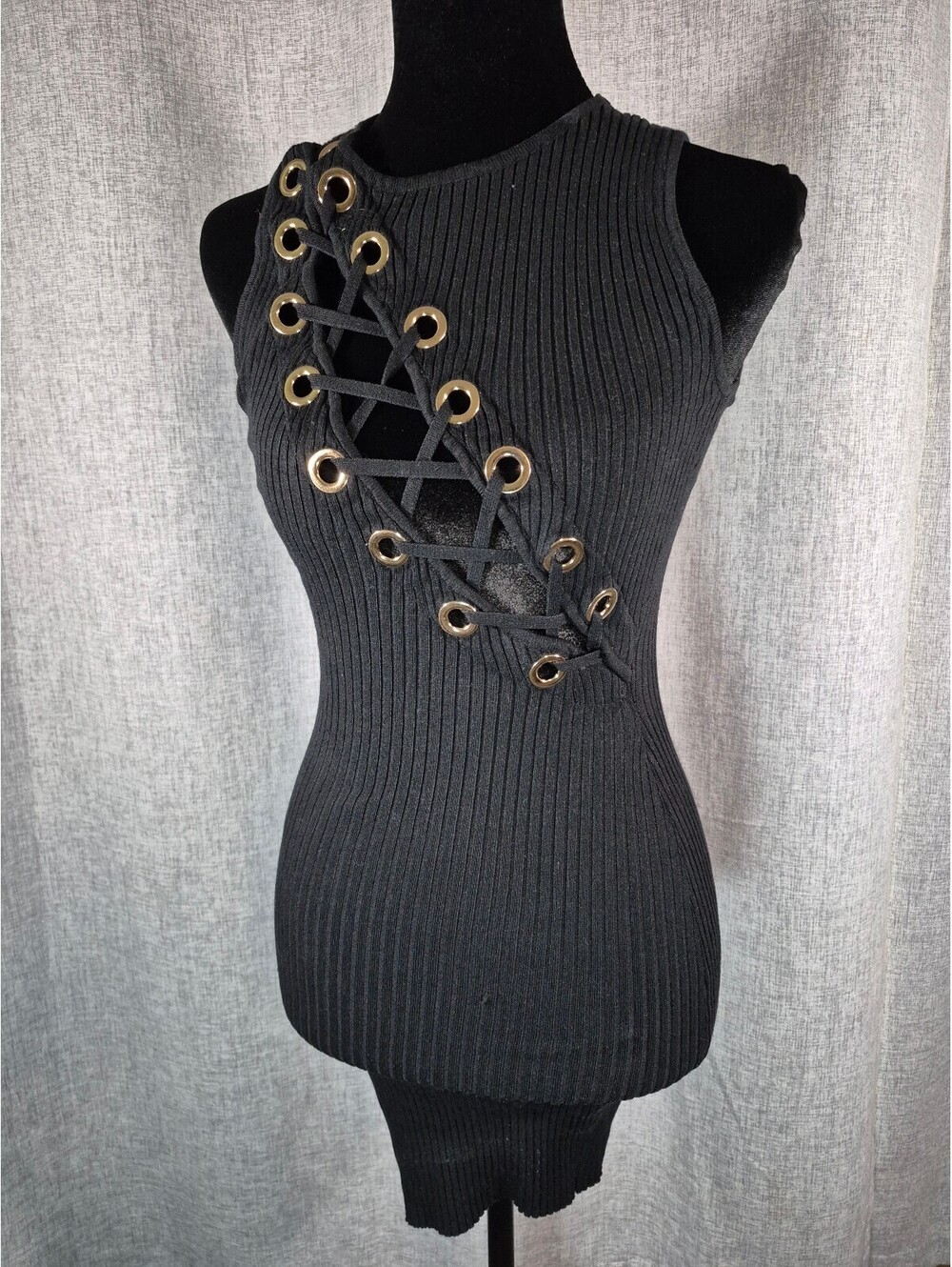 Hera Collection Medium Black Ribbed Lace Up Bodycon Dress